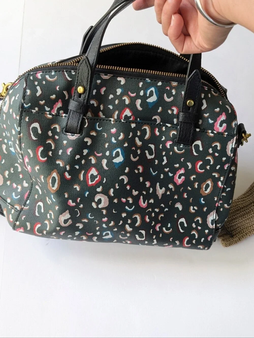 Fossil Rachel Black Green Multicolor Leopard Print Crossbody Satchel